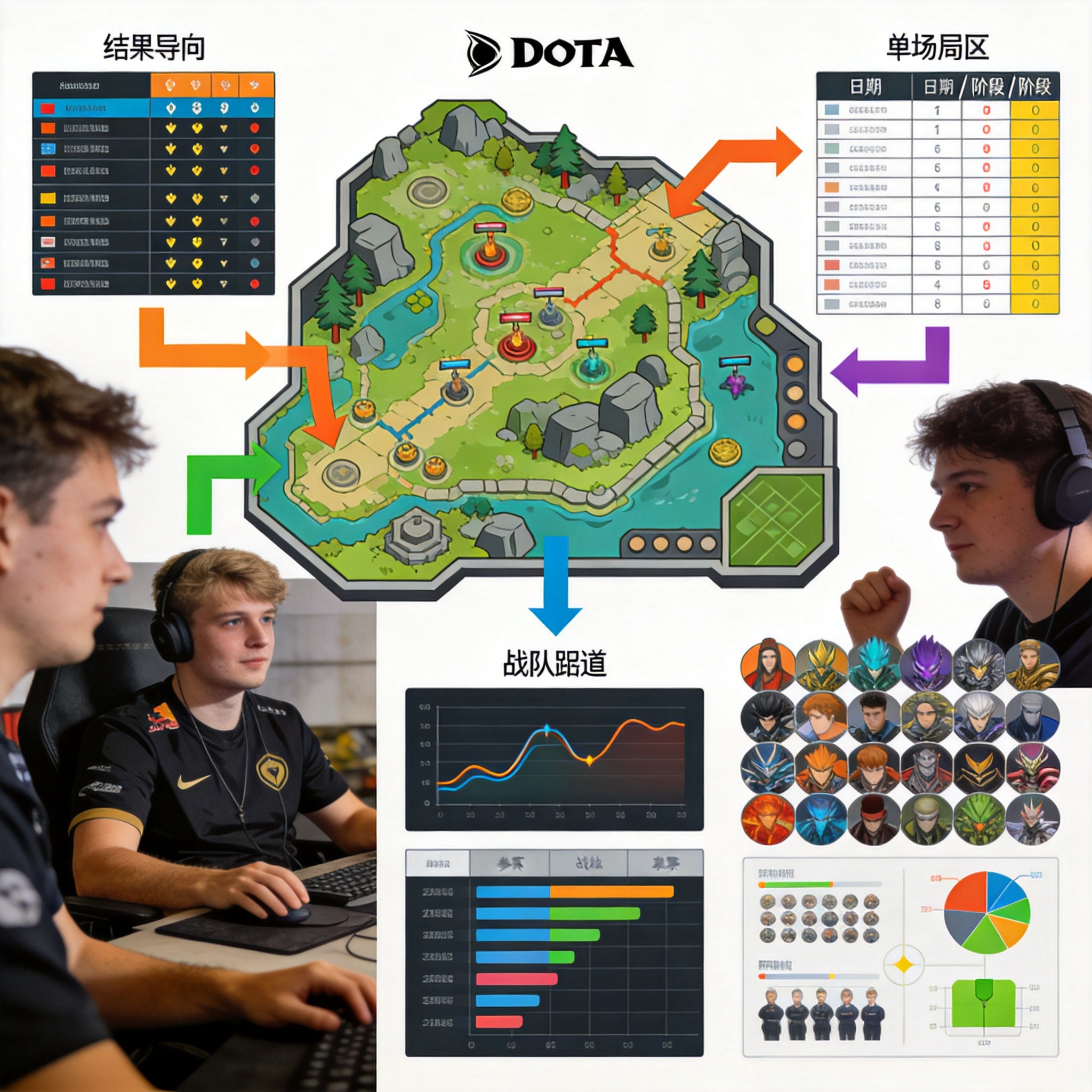 DOTA2 三路兵线与野区资源分布的地图结构示意